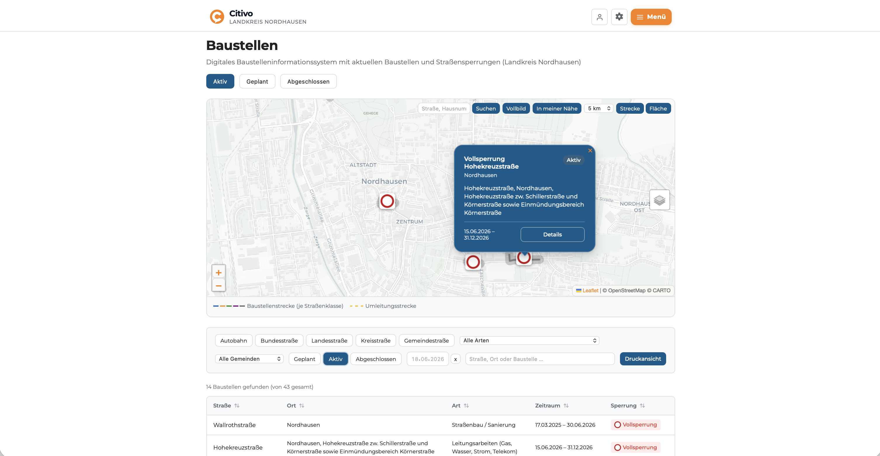 Citivo Baustellenkarte mit Filterleiste und Sperrungsdetails