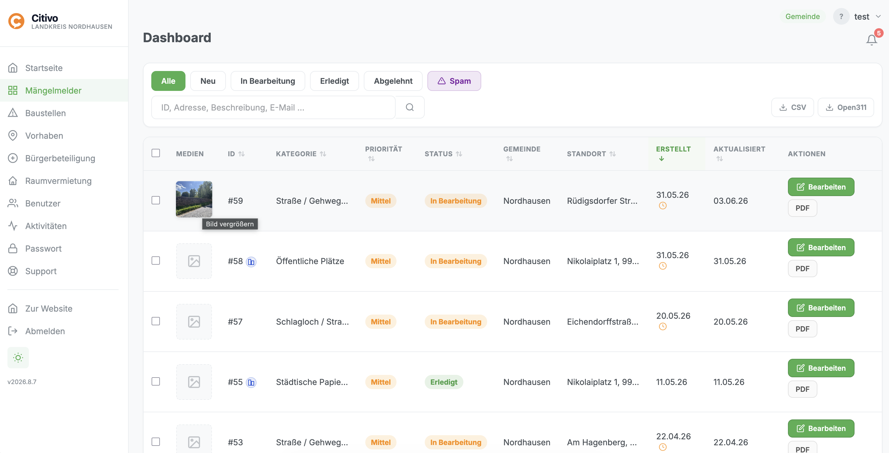 Citivo Verwaltungsdashboard mit Meldungsliste