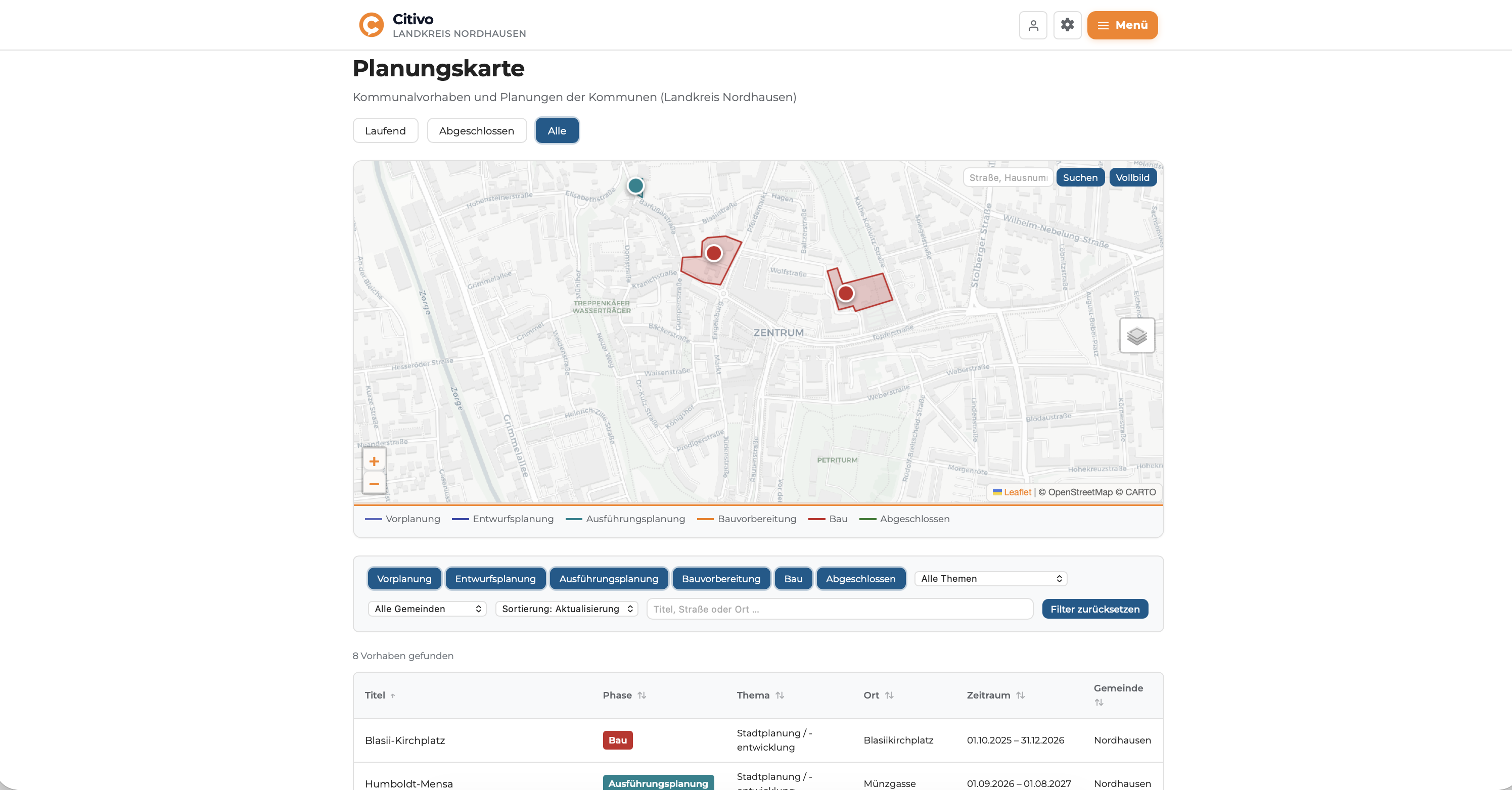 Citivo Planungskarte mit Karte, Vorhabenmarkierungen und Filterleiste