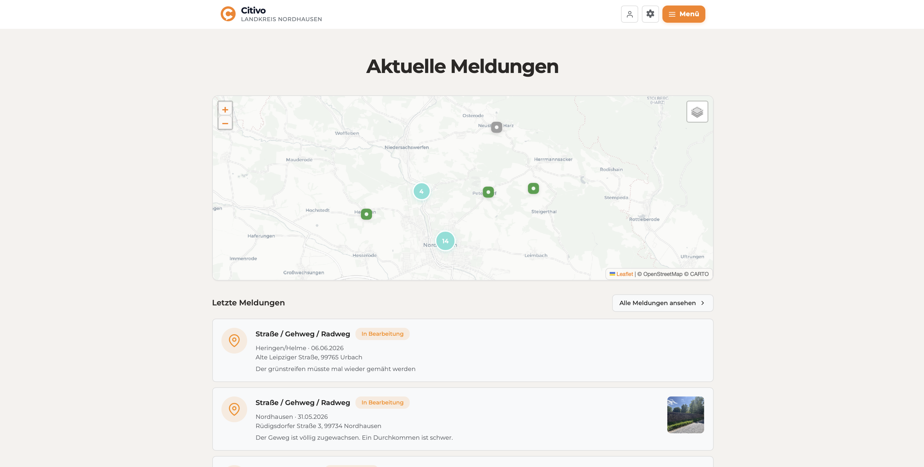 Citivo Bürgeransicht mit Karte und öffentlichen Meldungen