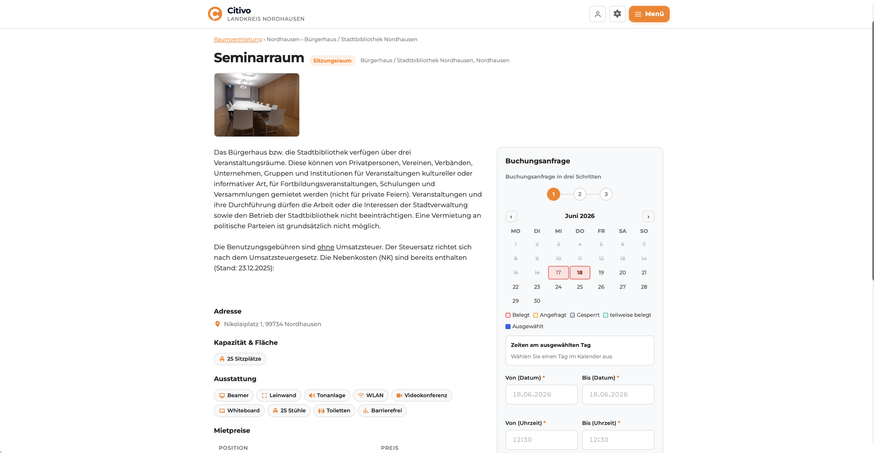 Citivo Raumvermietung mit Raumdetail, Ausstattung und Buchungsanfrage